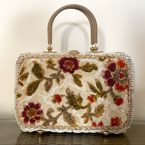 Vintage Handbags - Vintage Mike Skipini Wicker Embroidered Beaded Floral Basket Weave Purse RARE
